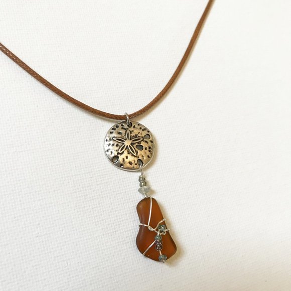 Sterling Silver Sand Dollar Coffee Brown Sea Glass Necklace Ocean Nautical Coast - Picture 4 of 5
